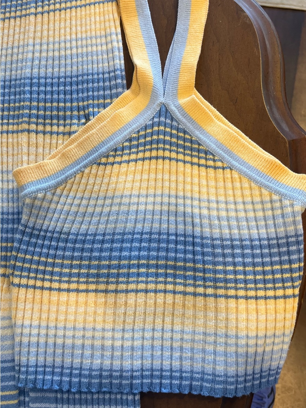 Jessica Simpson Yellow and Blue Striped Ribbed Strapless Top